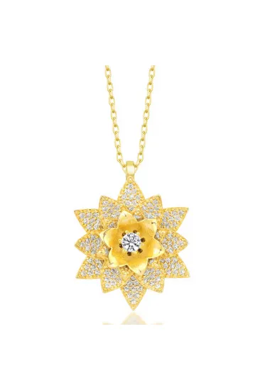 Gümüş Gold Beyaz Taşlı Lotus Çiçeği Kadın Kolye Gümüş Gold Beyaz Taşlı Lotus Çiçeği Kadın Kolye