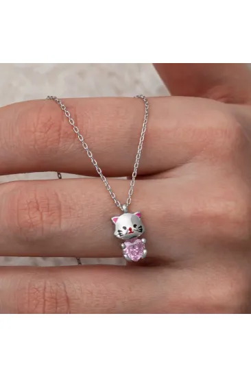 Gümüş Pembe Taşlı Sevimli Kedi Kadın Kolye