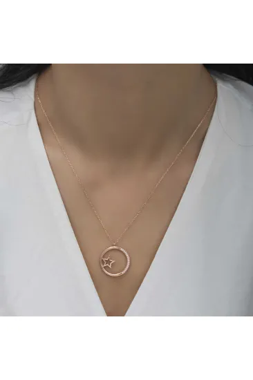 Gümüş Rose Yıldız Detaylı Halka Kadın Kolye
