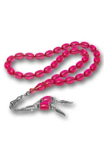 Gümüş Püsküllü Pembe Ateş Kehribar Tesbih Gümüş Püsküllü Pembe Ateş Kehribar Tesbih
