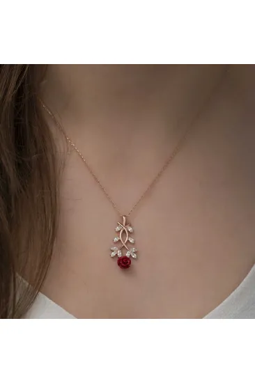 Gümüş Rose Kırmızı Gül Kolye Gümüş Rose Kırmızı Gül Kolye
