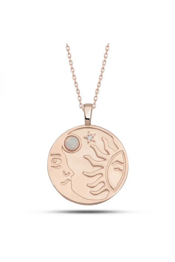 Gümüş Rose Opal Beyaz Taşlı Ay Güneş Kadın Kolye Gümüş Rose Opal Beyaz Taşlı Ay Güneş Kadın Kolye