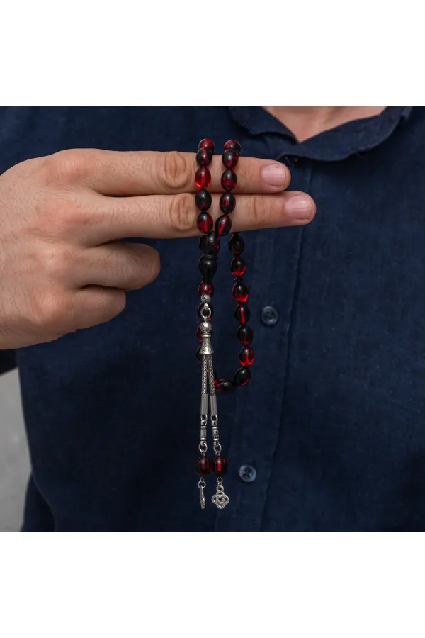 Metal Püsküllü Bordo Siyah Sıkma Kehribar Tesbih Metal Püsküllü Bordo Siyah Sıkma Kehribar Tesbih