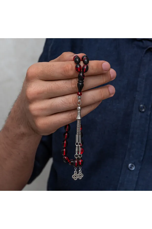 Metal Püsküllü Bordo Siyah Sıkma Kehribar Tesbih Metal Püsküllü Bordo Siyah Sıkma Kehribar Tesbih