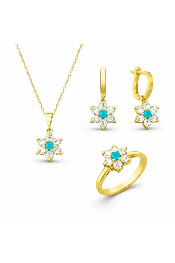 Gümüş Mavi Taşlı Gold Çiçek Kadın Set