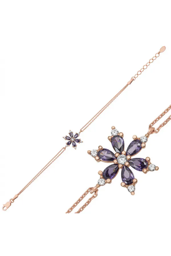 Gümüş Rose Mor Lotus Çiçeği Kadın Bileklik