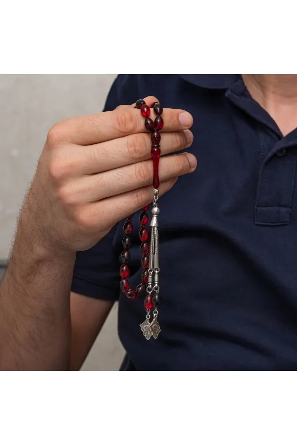 Metal Püsküllü Kırmızı Siyah Sıkma Kehribar Tesbih