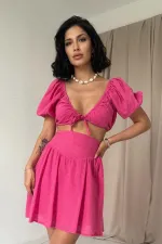 Fuşya Brode Crop Ve Mini Etek Takım