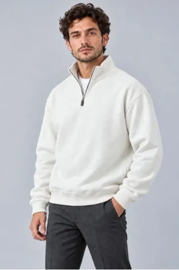 Erkek Üç İplik İçi Şardonlu Dik Yaka Yarım Fermuarlı Kışlık Sweatshirt - Beyaz Erkek Üç İplik İçi Şardonlu Dik Yaka Yarım Fermuarlı Kışlık Sweatshirt - Beyaz