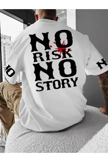 Baskılı Oversize Bisiklet Yaka T-shirt - Beyaz
