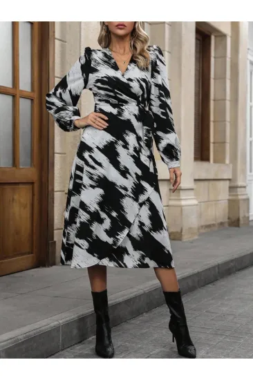 Kadın Uzun Kollu Kruvaze Yakalı Yandan Bağlamalı Desenli Mini Modal Elbise Kadın Uzun Kollu Kruvaze Yakalı Yandan Bağlamalı Desenli Mini Modal Elbise