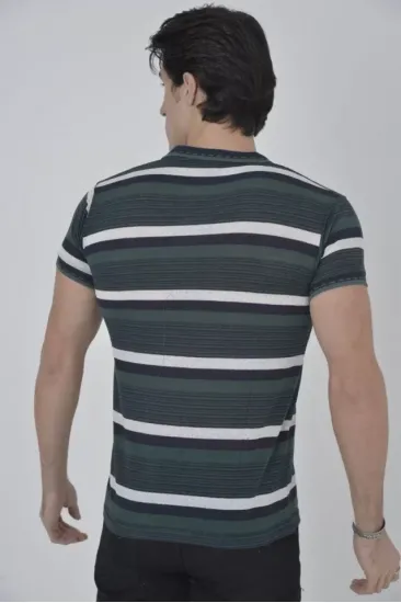Erkek Yakalı Slim Fit Dokuma Çizgili T-Shirt - Haki Erkek Yakalı Slim Fit Dokuma Çizgili T-Shirt - Haki