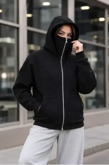 Maskeli Ninja Model Çift Kapüşonlu 3 İplik Şardonlu Fermuarlı Oversize Sweatshirt - Siyah Maskeli Ninja Model Çift Kapüşonlu 3 İplik Şardonlu Fermuarlı Oversize Sweatshirt - Siyah