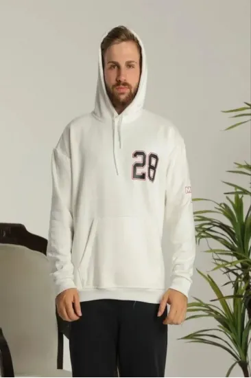 Erkek Sırt Baskılı Oversize Üç İplik Kapüşonlu Sweatshirt - Beyaz Erkek Sırt Baskılı Oversize Üç İplik Kapüşonlu Sweatshirt - Beyaz