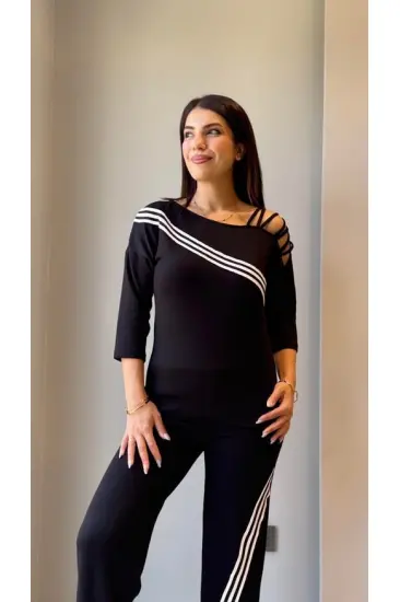 Kadın Uzun Kollu Truvakar Kol Tek Omuz çapraz şerit Detaylı Ribanalı Viskon Iki Iplik Bluz Ve Pantolon Ikili Takım