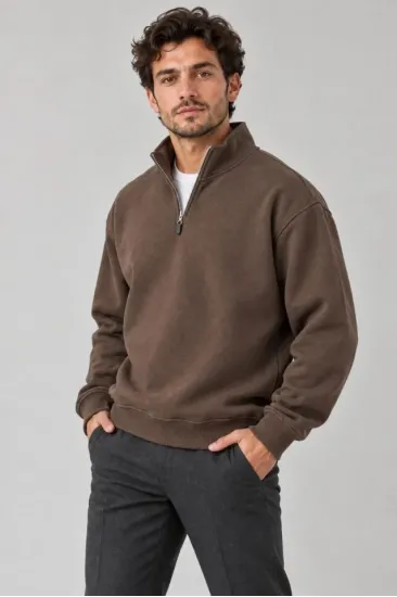 Erkek Üç İplik İçi Şardonlu Dik Yaka Yarım Fermuarlı Kışlık Sweatshirt - Kahverengi Erkek Üç İplik İçi Şardonlu Dik Yaka Yarım Fermuarlı Kışlık Sweatshirt - Kahverengi