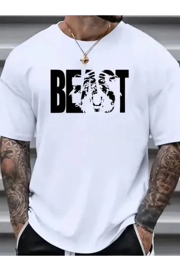 Baskılı Oversize Bisiklet Yaka T-shirt - Beyaz