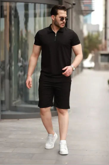 Erkek Yakalı Fermuarlı T-shirt şort Ikili Takım Erkek Yakalı Fermuarlı T-shirt şort Ikili Takım