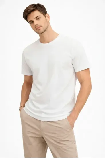 Erkek Bisiklet Yaka Tişört Regular Kalıp Basic Pamuklu Günlük Kullanım T-shirt - Beyaz Erkek Bisiklet Yaka Tişört Regular Kalıp Basic Pamuklu Günlük Kullanım T-shirt - Beyaz