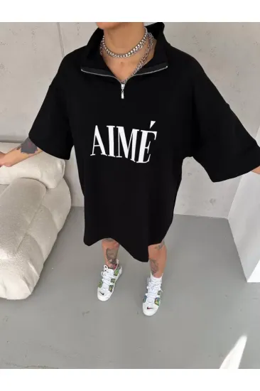 Unisex Yarım Fermuarlı Baskılı T-Shirt - Siyah