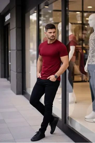 Erkek T-Shirt Bisiklet Yaka Slim Fit Dar Kesim Likralı Tişört Günlük Basic Body - Bordo Erkek T-Shirt Bisiklet Yaka Slim Fit Dar Kesim Likralı Tişört Günlük Basic Body - Bordo