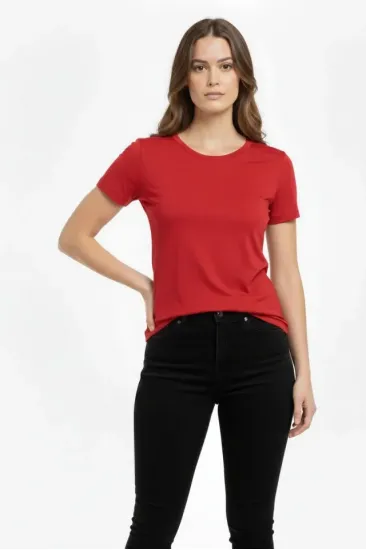 T-Shirt Bisiklet Yaka Slim Fit Likralı Tişört Günlük Basic Body - Kırmızı