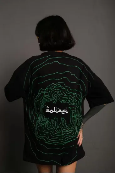Bisiklet Yakalı Sırt Baskılı Oversize T-Shirt - Siyah