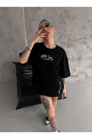 Unisex Baskılı Oversize T-Shirt - Siyah