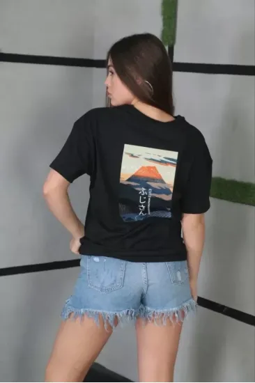 Unisex Bisiklet Yaka Baskılı Oversize T-Shirt - Siyah Unisex Bisiklet Yaka Baskılı Oversize T-Shirt - Siyah