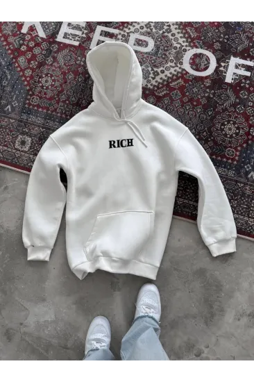 Uzun Kol Kapşonlu Göğüs Baskılı SweatShirt - Beyaz Uzun Kol Kapşonlu Göğüs Baskılı SweatShirt - Beyaz