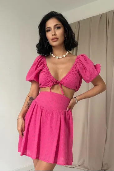 Fuşya Brode Crop Ve Mini Etek Takım Fuşya Brode Crop Ve Mini Etek Takım