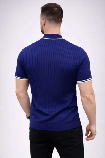 Erkek Fitilli Triko Dokuma Kısa Kol Tişört Yarım Boğaz Modern Yazlık T-Shirt - Lacivert Erkek Fitilli Triko Dokuma Kısa Kol Tişört Yarım Boğaz Modern Yazlık T-Shirt - Lacivert