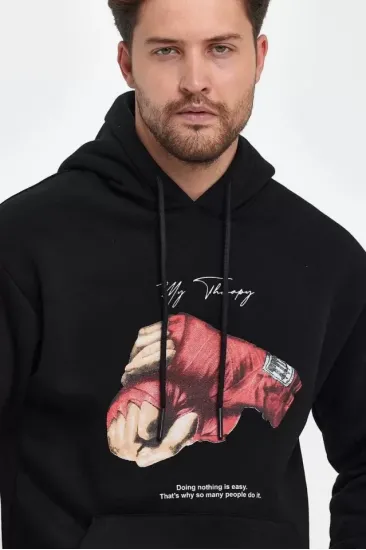 Unisex Kapüşonlu Üç İplik Oversize Baskılı Sweatshirt - Siyah Unisex Kapüşonlu Üç İplik Oversize Baskılı Sweatshirt - Siyah