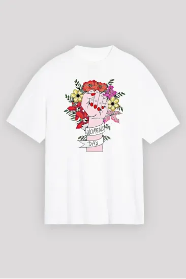 8 Mart Dünya Kadınlar Günü Baskılı Oversize Bisiklet Yaka T-shirt - Beyaz