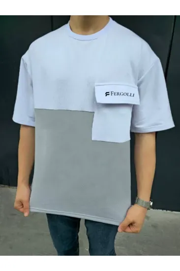 Unisex Torba Cep Detaylı  Parçalı T-Shirt - Gri