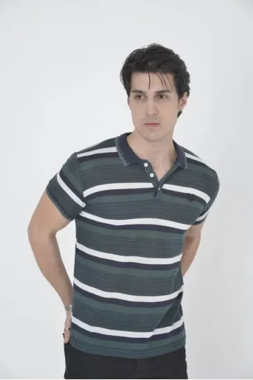 Erkek Yakalı Slim Fit Dokuma Çizgili T-Shirt - Haki Erkek Yakalı Slim Fit Dokuma Çizgili T-Shirt - Haki
