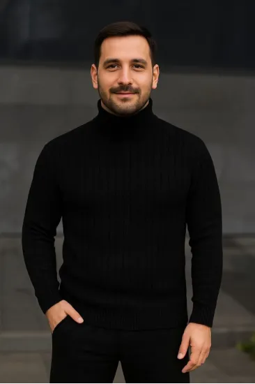 Erkek Balıkcı Yaka Bağazlı Triko Kazak Pamuklu Kalın Fitilli Dokuma, Regular Fit Uzun Kollu Kışlık Model - Siyah