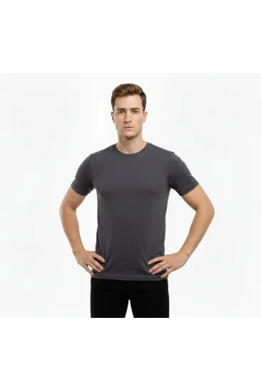 Erkek T-Shirt Bisiklet Yaka Slim Fit Dar Kesim Likralı Tişört Günlük Basic Body - Füme
