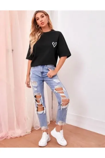 Bisiklet Yaka Baskılı Oversize T-Shirt - Siyah