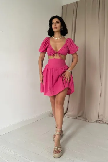 Fuşya Brode Crop Ve Mini Etek Takım Fuşya Brode Crop Ve Mini Etek Takım