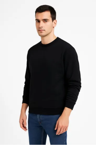 Erkek Üç İplik Düz Bisiklet Yaka SweatShirt - Siyah Erkek Üç İplik Düz Bisiklet Yaka SweatShirt - Siyah