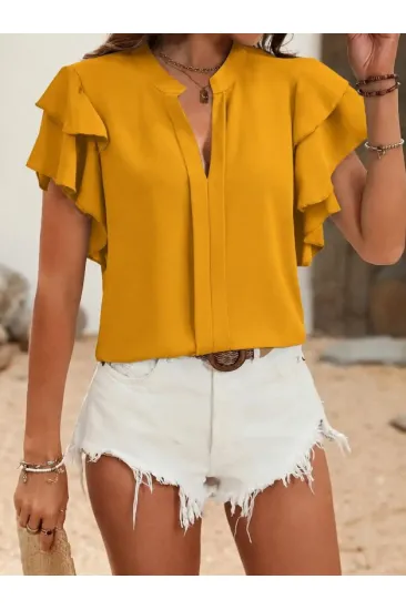 Kadın Kısa Kollu V Hakim Yaka Kolları Fırfırlı Dubai Bluz Kadın Kısa Kollu V Hakim Yaka Kolları Fırfırlı Dubai Bluz