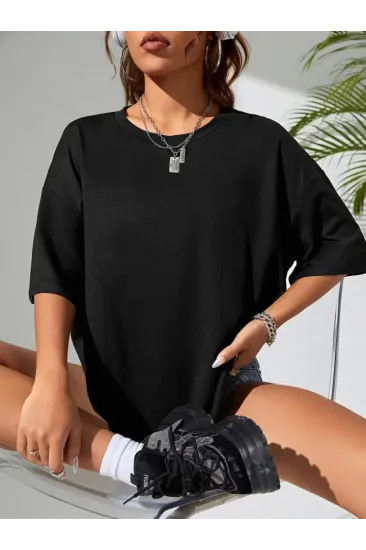 Baskılı Oversize Bisiklet Yaka T-shirt - Siyah