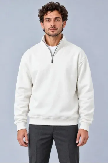 Erkek Üç İplik İçi Şardonlu Dik Yaka Yarım Fermuarlı Kışlık Sweatshirt - Beyaz Erkek Üç İplik İçi Şardonlu Dik Yaka Yarım Fermuarlı Kışlık Sweatshirt - Beyaz
