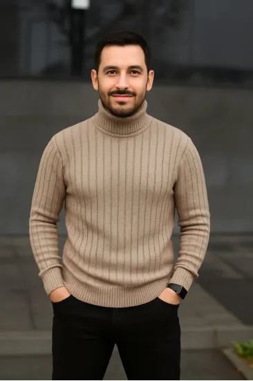 Erkek Fitilli Triko Kazak 2li Set Bej Siyah Regular Balıkcı Yaka Tam Boğazlı Triko Seti Modeli Kazak