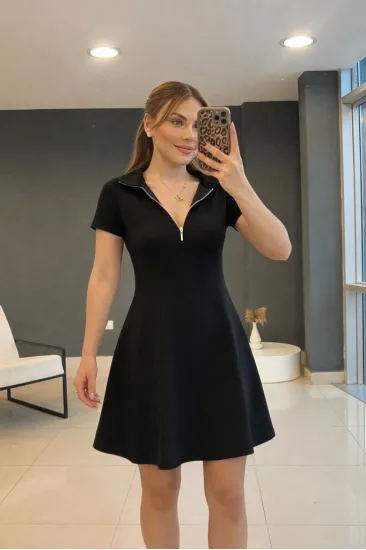 Kadın Kısa Kollu Yakası Fermuarlı Kısa Viskon Iki Iplik Elbise Kadın Kısa Kollu Yakası Fermuarlı Kısa Viskon Iki Iplik Elbise