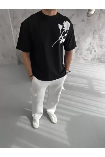 Unisex Bisiklet Yaka Baskılı Oversize T-Shirt - Siyah