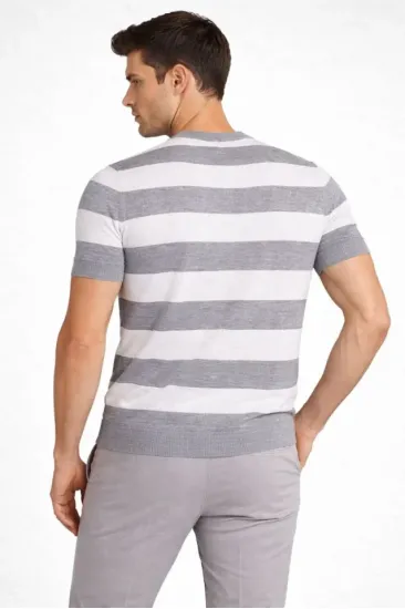 Erkek T-shirt Çizgili Triko Dokuma Bisiklet Yaka Tişört - Gri Erkek T-shirt Çizgili Triko Dokuma Bisiklet Yaka Tişört - Gri