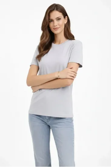 Bisiklet Yaka Tişört  Regular Kalıp Basic Pamuklu  Günlük Kullanım  T-shirt - Gri