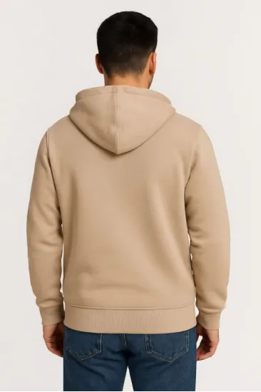 Erkek Üç İplik Kapüşonlu Tam Fermuarlı Kanguru Çepli SweatShirt Hoodie - Bej Erkek Üç İplik Kapüşonlu Tam Fermuarlı Kanguru Çepli SweatShirt Hoodie - Bej